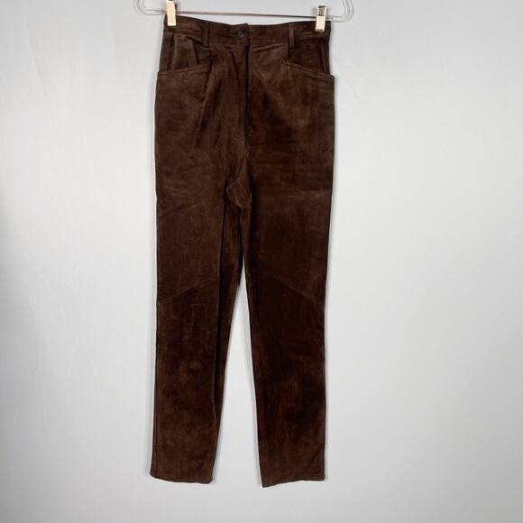 Lord & Taylor Womens 4P Petite Brown Suede Leather High Rise Straight Leg Pants - Picture 1 of 9